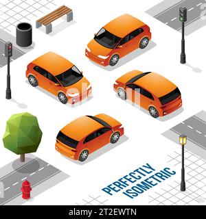 Orange Small Isometric Car from Front Back Right and Left isolated on White Stock Vector