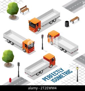 Orange Isometric Truck from the Front Back Right and Left Views isolated on White Stock Vector