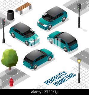Persian Green and Black Isometric Hatchback Car from Front Back Right and Left isolated on White Stock Vector