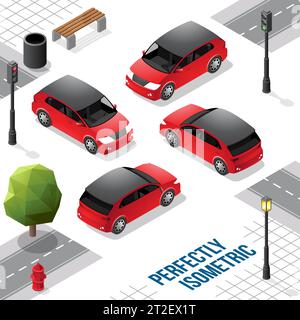 Red and Black Isometric Hatchback Car from Front Back Right and Left isolated on White Stock Vector