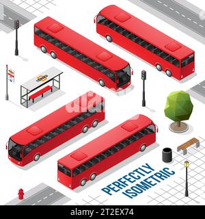 Red Long Isometric Bus from the Front Back Right and Left isolated on White Stock Vector