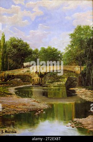 Santiago Rusinol, Bridge over a River, landscape painting in oil on canvas, circa 1884 Stock Photo