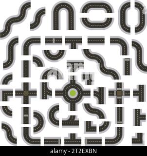 Top Down Dark Grey Road Building Kit isolated on a White Background Stock Vector
