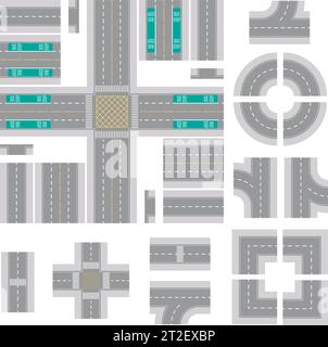 Top Down Light Grey Main Street and Road Building Kit isolated on a White Background Stock Vector