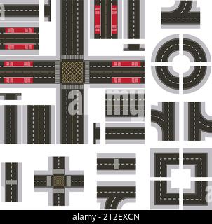 Top Down Dark Grey Main Street and Road Building Kit isolated on a White Background Stock Vector