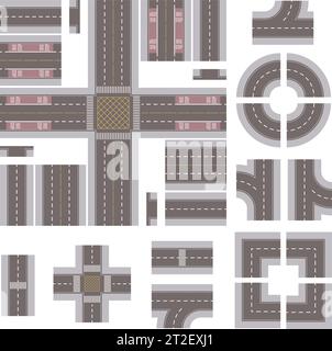 Top Down Grey Main Street and Road Building Kit isolated on a White Background Stock Vector