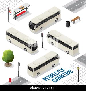 White Isometric Bus from the Front Back Right and Left isolated on White Stock Vector