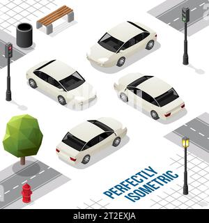 White Isometric Car from Front Back Right and Left isolated on White Stock Vector