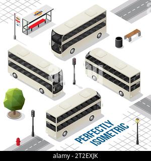 White and Black Double Decker Isometric Bus from the Front Back Right and Left isolated on White Stock Vector