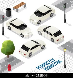 White Isometric Long Car from Front Back Right and Left isolated on White Stock Vector