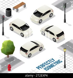 White Small Isometric Car from Front Back Right and Left isolated on White Stock Vector