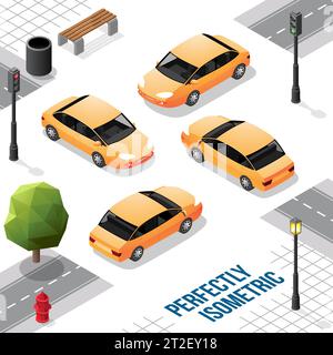 Yellow Isometric Car from Front Back Right and Left isolated on White Stock Vector