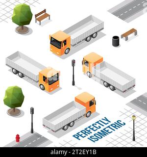 Yellow Isometric Truck from the Front Back Right and Left Views isolated on White Stock Vector