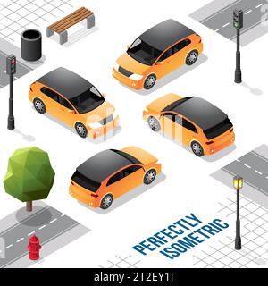Yellow and Black Isometric Hatchback Car from Front Back Right and Left isolated on White Stock Vector