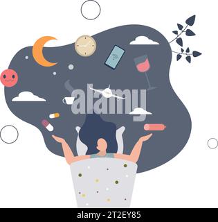 Insomnia causes and trouble with sleeping at night .Sleepless problem causes and bad habits impact to relaxation and quality sleep hygiene. Stock Vector