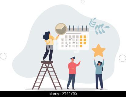 Time management.Cartoon tiny people schedule business tasks of month in calendar timetable.flat vector illustration Stock Vector