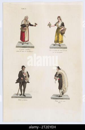Plate 15: four street vendors from Madrid selling flowers, socks, and skins, from 'Los Gritos de Madrid' (The Cries of Madrid) Miguel Gamborino Spanish Publisher Imprenta Real, Madrid Spanish 1809–17 See comment for 2022.53. View more. Plate 15: four street vendors from Madrid selling flowers, socks, and skins, from 'Los Gritos de Madrid' (The Cries of Madrid). Miguel Gamborino (Spanish, Valencia 1760–1828 Madrid). 1809–17. Engraving with hand coloring. Imprenta Real, Madrid. Prints Stock Photo