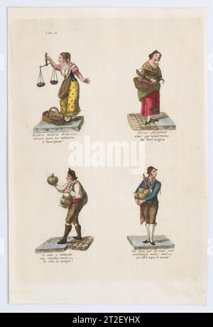 Plate 12: four street vendors from Madrid selling dried fruit, cherries, and melons, from 'Los Gritos de Madrid' (The Cries of Madrid) Miguel Gamborino Spanish Publisher Imprenta Real, Madrid Spanish 1809–17 See comment for 2022.53. View more. Plate 12: four street vendors from Madrid selling dried fruit, cherries, and melons, from 'Los Gritos de Madrid' (The Cries of Madrid). Miguel Gamborino (Spanish, Valencia 1760–1828 Madrid). 1809–17. Engraving with hand coloring. Imprenta Real, Madrid. Prints Stock Photo