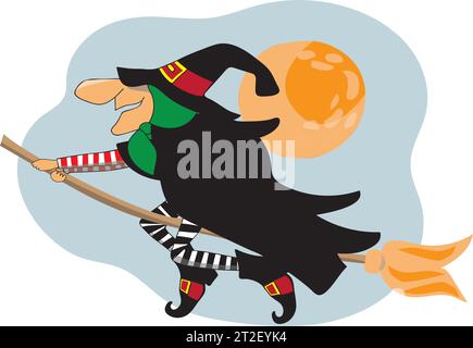 Happy Smiling Halloween Witch Flying on her Broom Stock Vector