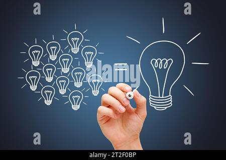 Teamwork light bulbs concept illustrating how a business team is working together creating a great idea. Many small ideas add up to a big one. Stock Photo