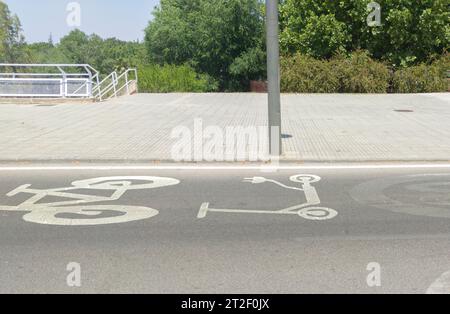 Priority lane for bikes and electric kick scooters sign. Regulation of e-scooters Stock Photo