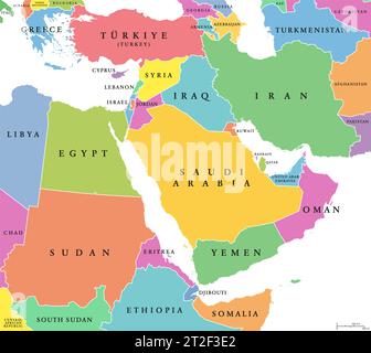Middle East, colored countries, political map with international borders. Geopolitical region, formerly known as Near East. Stock Photo