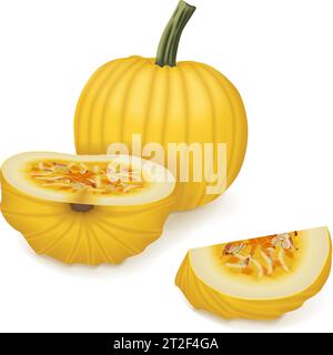 Whole and chopped Mellow Yellow Pumpkin. Winter squash. Cucurbita pepo ...