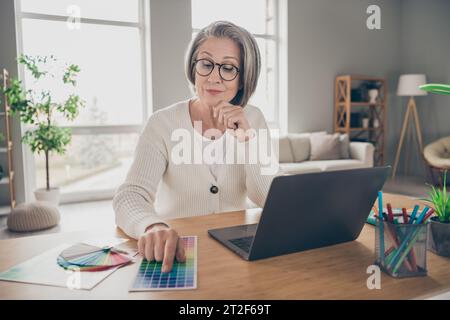 Photo of good mood thoughtful elderly lady designer wear white cardigan choosing architect colors indoors apartment room Stock Photo
