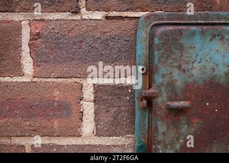 Brick and rusted metal hatch with blue paint Stock Photo