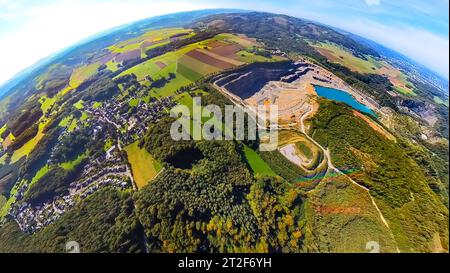 Luftbild, Steinbruch Asbeck und der Grubensee Blaue Lagune, Erdkugel, Fisheye Aufnahme, Fischaugen Aufnahme, 360 Grad Aufnahme, tiny world, Eisborn, Balve, Sauerland, Nordrhein-Westfalen, Deutschland ACHTUNGxMINDESTHONORARx60xEURO *** Aerial view, Asbeck Quarry and the Grubensee Blue Lagoon, globe, fisheye shot, fisheye shot, 360 degree shot, tiny world, Eisborn, Balve, Sauerland, North Rhine Westphalia, Germany ATTENTIONxMINDESTHONORARx60xEURO Stock Photo