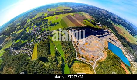 Luftbild, Steinbruch Asbeck und der Grubensee Blaue Lagune, Erdkugel, Fisheye Aufnahme, Fischaugen Aufnahme, 360 Grad Aufnahme, tiny world, Eisborn, Balve, Sauerland, Nordrhein-Westfalen, Deutschland ACHTUNGxMINDESTHONORARx60xEURO *** Aerial view, Asbeck Quarry and the Grubensee Blue Lagoon, globe, fisheye shot, fisheye shot, 360 degree shot, tiny world, Eisborn, Balve, Sauerland, North Rhine Westphalia, Germany ATTENTIONxMINDESTHONORARx60xEURO Stock Photo