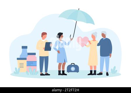 Life and health insurance for senior citizens vector illustration. Cartoon tiny people holding umbrella to care and protect couple of elderly people, safety and medical support for old patients Stock Vector