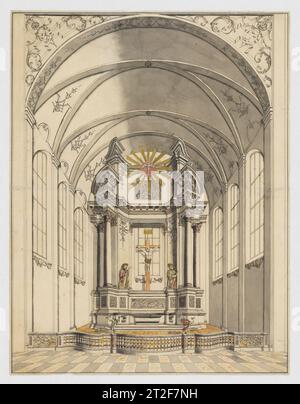 Presentation Drawing of a late Baroque Altar inside a Church Anonymous, Central European, 18th century Central European ca. 1720-30 This large-scale presentation drawing shows a design for a late Baroque altar in an unidentified church in Central Europe. The altar is shown within an interior, either the choir or a chapel within the church, which emphasizes the scale and intended theatrical effect of the architectural structure. The design of the altar is characterized by a monumental broken pediment between which a representation of the Holy Spirit in the form of a dove is mounted. Below, a cr Stock Photo