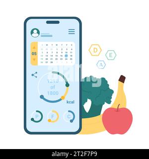 Tracking of data nutrition in mobile app vector illustration. Cartoon isolated smartphone screen with calculator to count calories in food and lose weight, monitoring charts and diet calendar Stock Vector