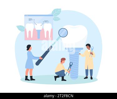 Dental implant, dentistry vector illustration. Cartoon tiny dentists and orthodontists with magnifying glass check tooth prosthesis with white crown and titanium screw, replacement procedure in clinic Stock Vector