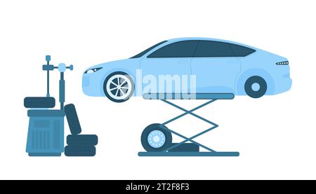 Car tires change in repair garage station vector illustration. Cartoon isolated vehicle on lift of auto mechanic service center for balance and rubber tyre tuning, diagnostics of wheels on workshop Stock Vector