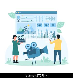 Video content production vector illustration. Cartoon tiny people record digital video podcast with camera, edit creative film for vlog channel with phone and visual interface of editor mobile app Stock Vector