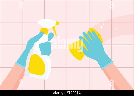 Houseworker wipes the surface. Hands in blue gloves clean tiles with spray and wipe. Cleaning and disinfection. Sanitizing home. Vector illustration. Stock Vector