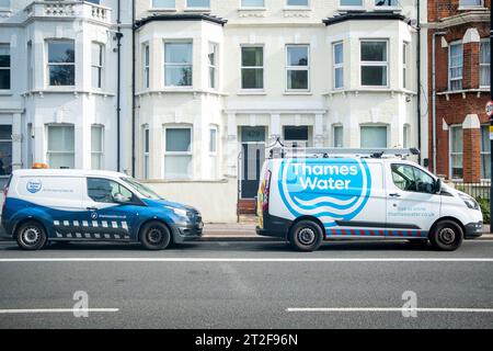 London- October 9, 2023: Thames Water vehicles in Fulham south west London. Water industry company. Stock Photo