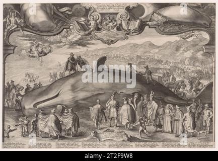 Beached Whale at Wijk aan Zee Jan (Pietersz.) Saenredam Netherlandish 1602 This majestic engraving, full of detail is the largest and most elaborate Dutch print to depict a beached whale along the coast of Holland, an event that took place every few years. This beaching took place on December 20, 1601. At the bottom center, Count Ernst Casimir of Nassau-Dietz lifts a large handkerchief towards his face to mask the smell of the deteriorating carcass. In the bottom left, the artist Jan Saenredam sketches the whale as his large cape engulfs the man beside him.Masses of people from all levels of s Stock Photo