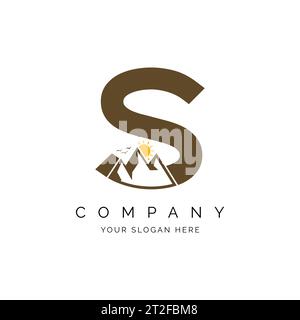 letter S with mountain logo inspiration, alphabet S with mountains, peaks, sun and birds concept design logo vector line pattern Stock Vector