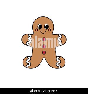 Vector groovy retro cartoon Christmas ginger bread man cookie isolated on white background Stock Vector
