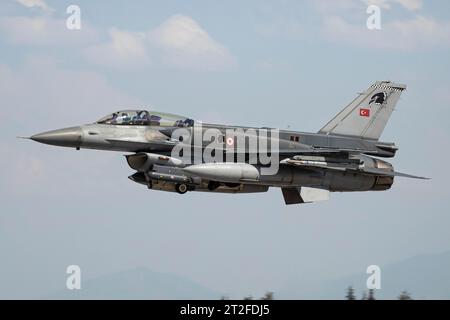 A Turkish Air Force F-16 Fighting Falcon Block 50+ taking off. Stock Photo