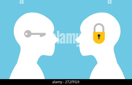 Abstract metaphor of psychotherapy and psychology. Human head with a keyhole and key. Concept of solving difficult situation. Open mind. Health care. Stock Vector