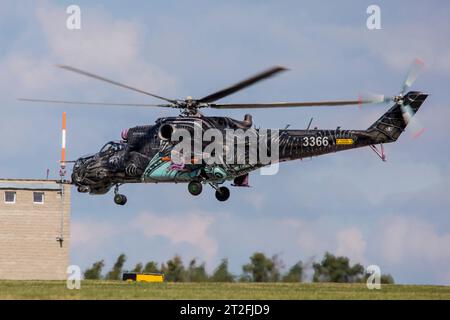 Czech Air Force Mi-24 helicopter landing. Stock Photo