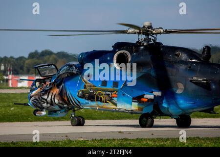 Czech Air Force Mi-24 helicopter in special colors. Stock Photo