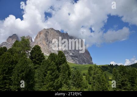 Northern rock face of the Sassolungo, 3181 meters high, as can be admired from the Sella pass, located between Val Gardena and Val di Fassa Stock Photo