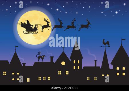 Silhouette of a santa on a sledge harnessed by magic reindeer flying over a town. Stock Vector