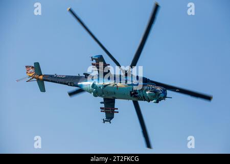 Czech Air Force Mi-24 helicopter in special colors. Stock Photo