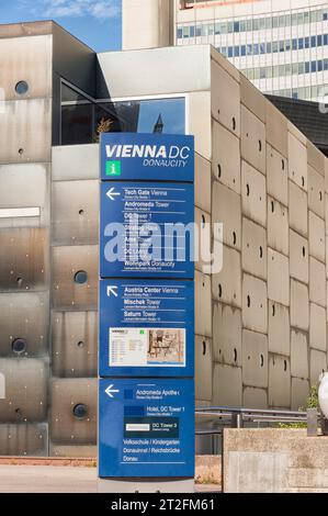 High-rise sign, Vienna International Centre VIC, Internationales Zentrum Wien, often synonymously referred to as UNO-City, official headquarters Stock Photo